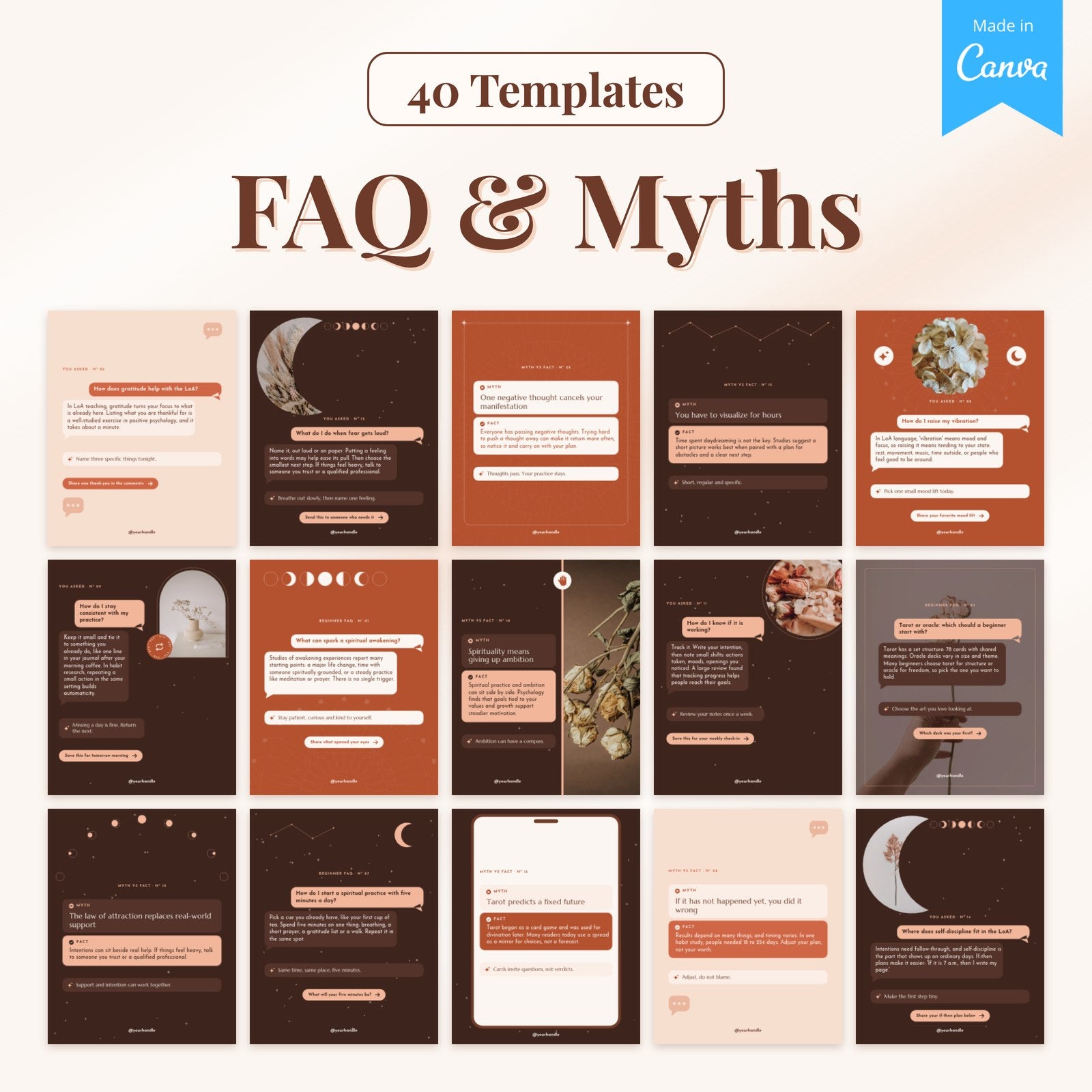 40 FAQ and Myth vs Fact templates: 15 real pages from the Canva file
