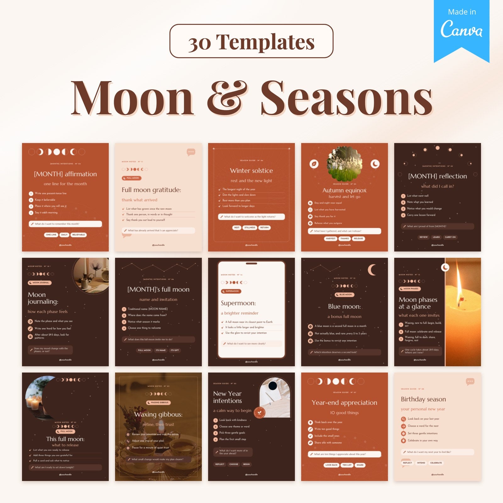 30 Moon and Seasonal templates: 15 real pages from the Canva file