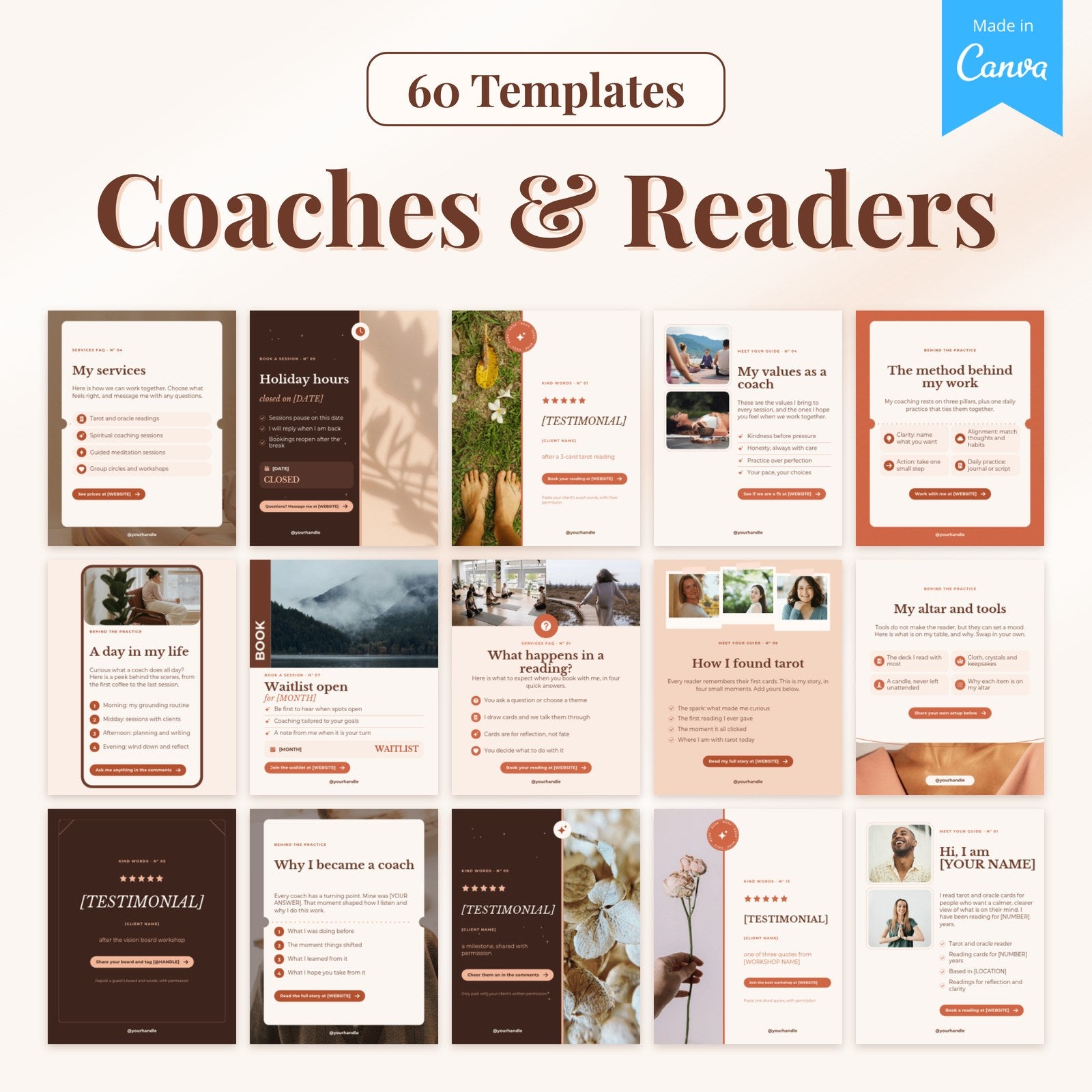60 Coach and Reader templates: 15 real pages from the Canva file