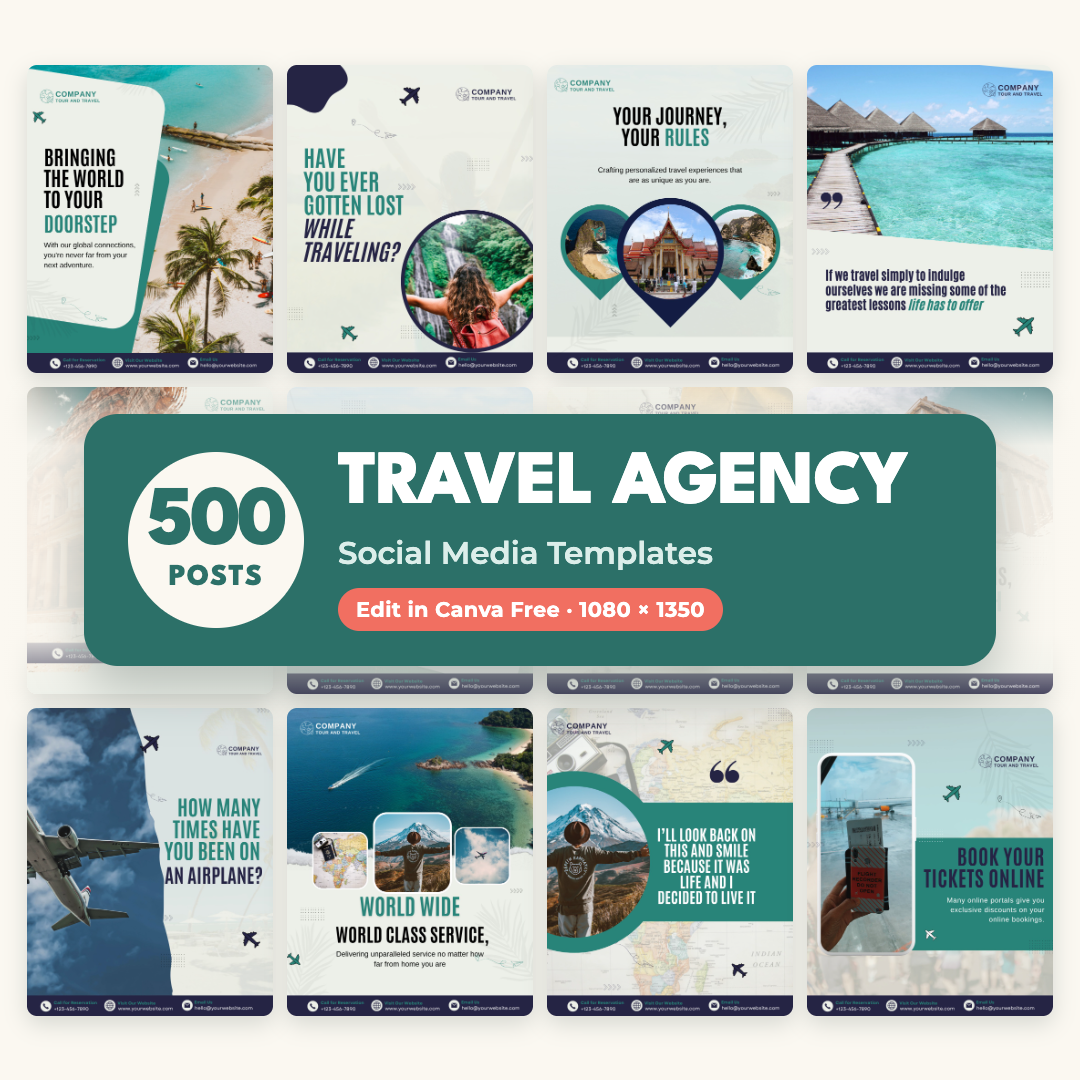 500 Travel Agency Posts: editable Canva social media templates in 1080 x 1350