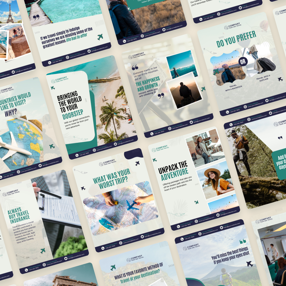 Wall of real travel post templates from the bundle in the 1080 x 1350 portrait size