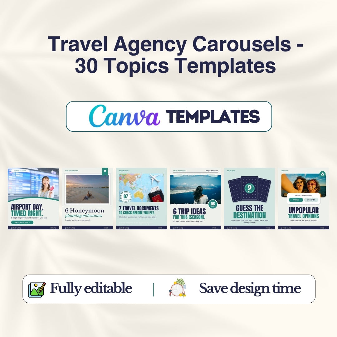 Travel Agency Carousels - 30 Topics Canva Templates, fully editable