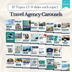 Grid of travel agency carousel covers, 30 topics with 7 to 9 slides each