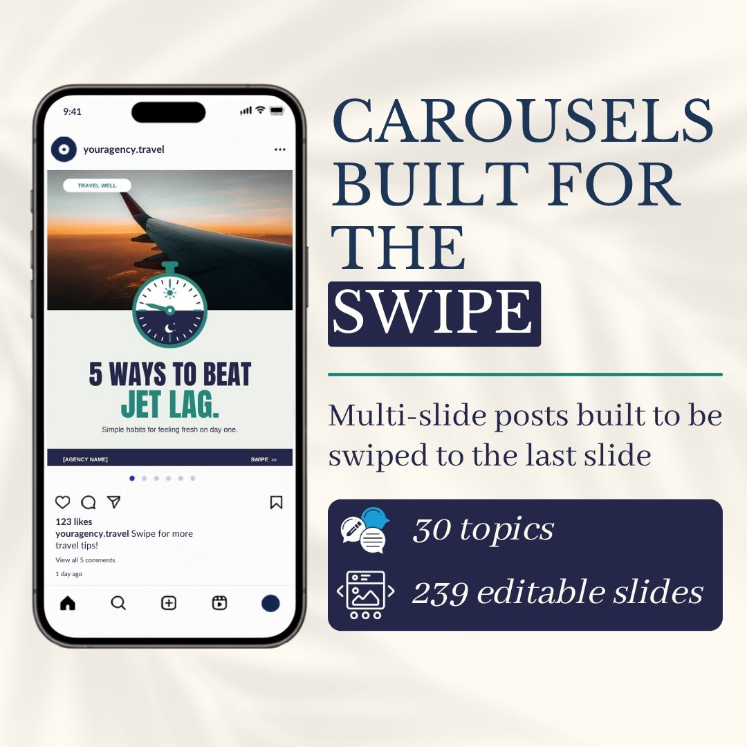 Carousels built for the swipe: jet lag carousel in a phone, 239 editable slides