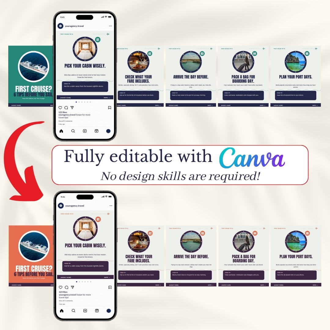 First cruise carousel shown in two colour schemes, fully editable in Canva