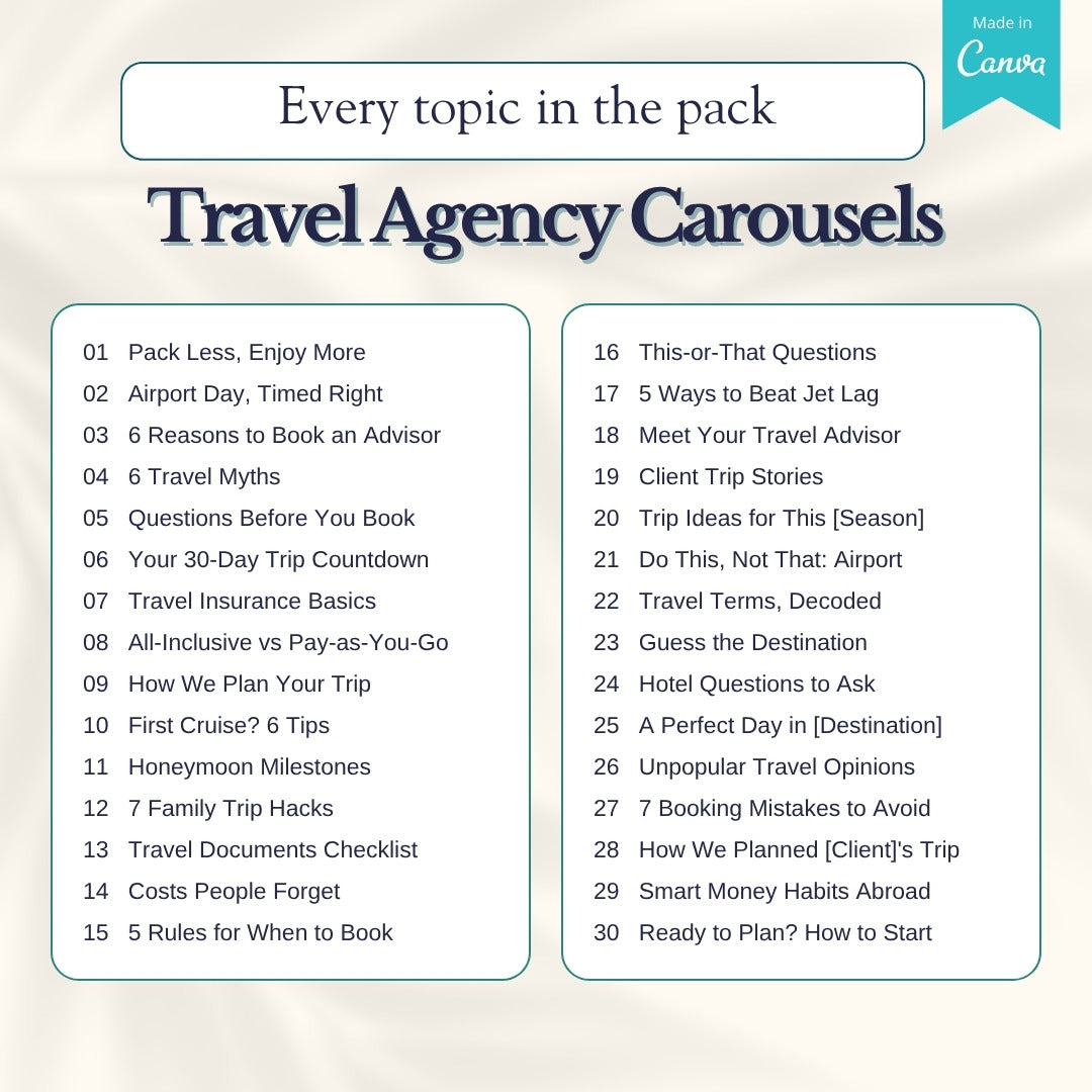 List of all 30 travel carousel topics in the pack