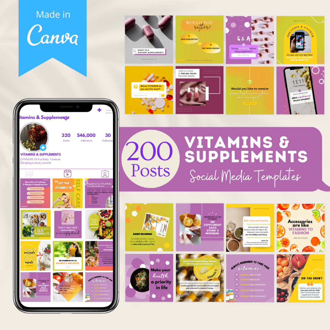 200 Vitamins & Supplements Posts - Social Media Templates